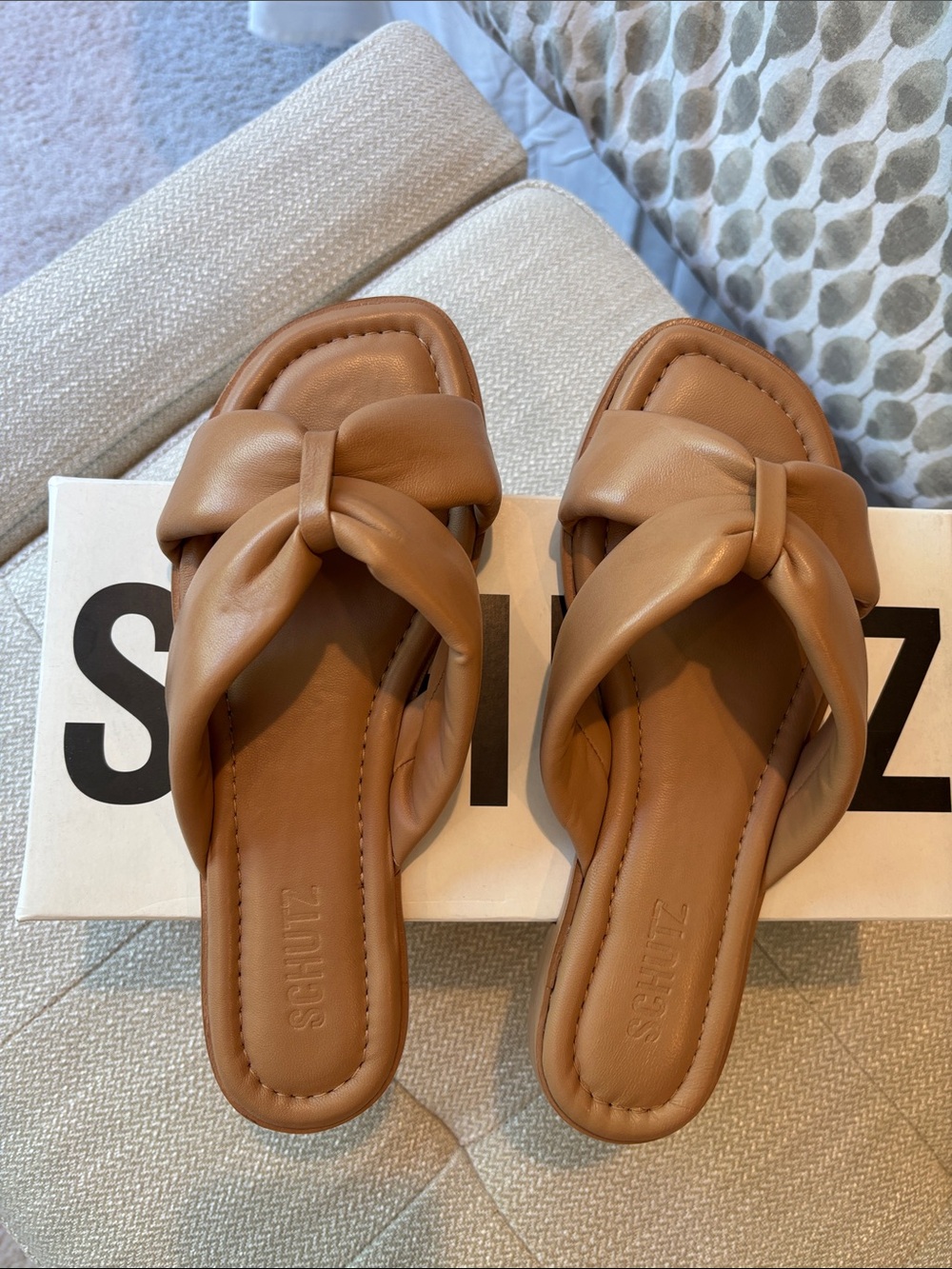 SCHUTZ Cognac Knotted Slide Sandals NEW